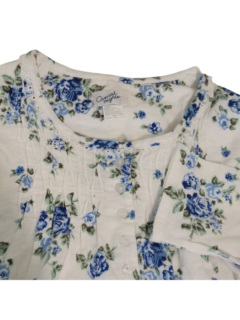 Vtg Casual Nights Blue Floral Cotton Flannel Nightgown Size Small Lace Pintucks